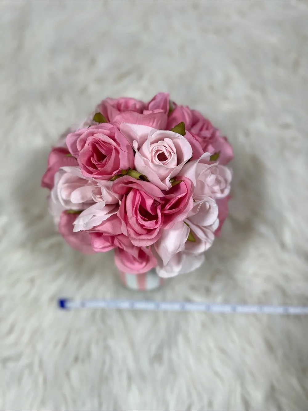 Pink Faux Rose Floral Arrangement in Striped Pot – Cottagecore Decor